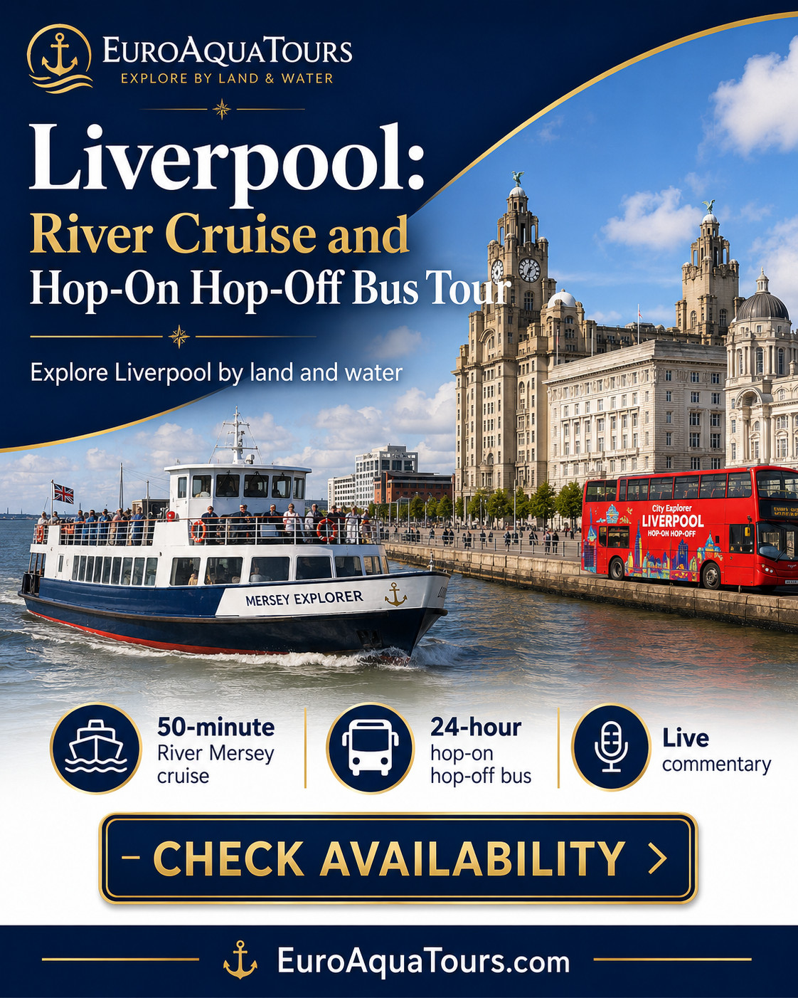 Bekijk beschikbaarheid voor Liverpool river cruise met hop-on hop-off bustour EuroAquaTours