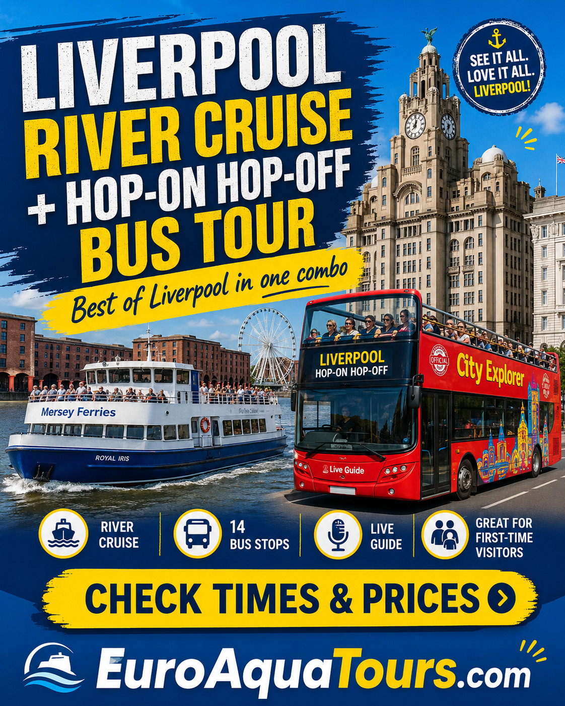 Bekijk tijden en prijzen voor Liverpool River Cruise met bustour in één combi
