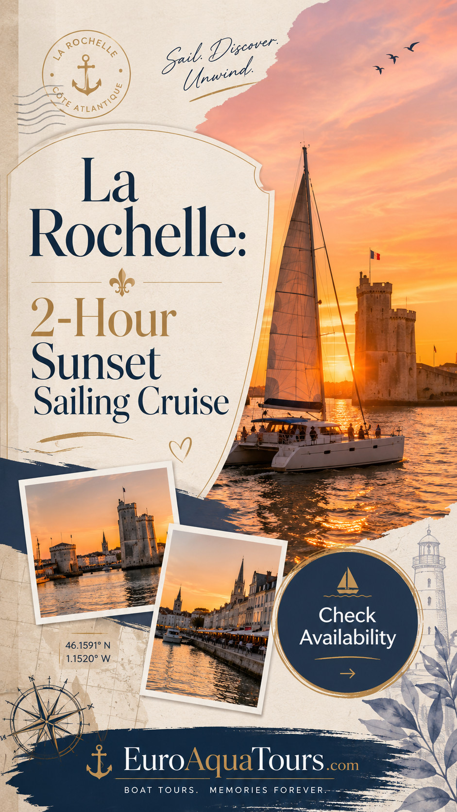 Collage-style La Rochelle sunset sailing cruise poster with catamaran, harbour views, travel graphics, and EuroAquaTours branding