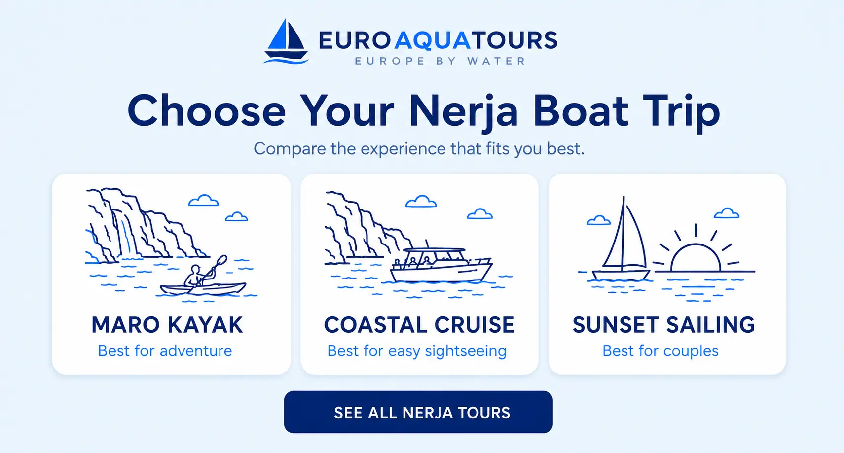 Choose a Nerja water trip with Maro kayak, coastal cruise and sunset sailing options