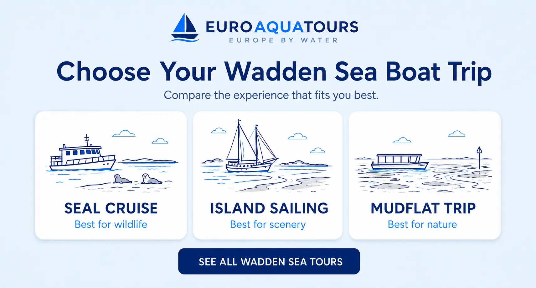 Choose a Wadden Sea boat trip with seal cruise, island sailing and mudflat options