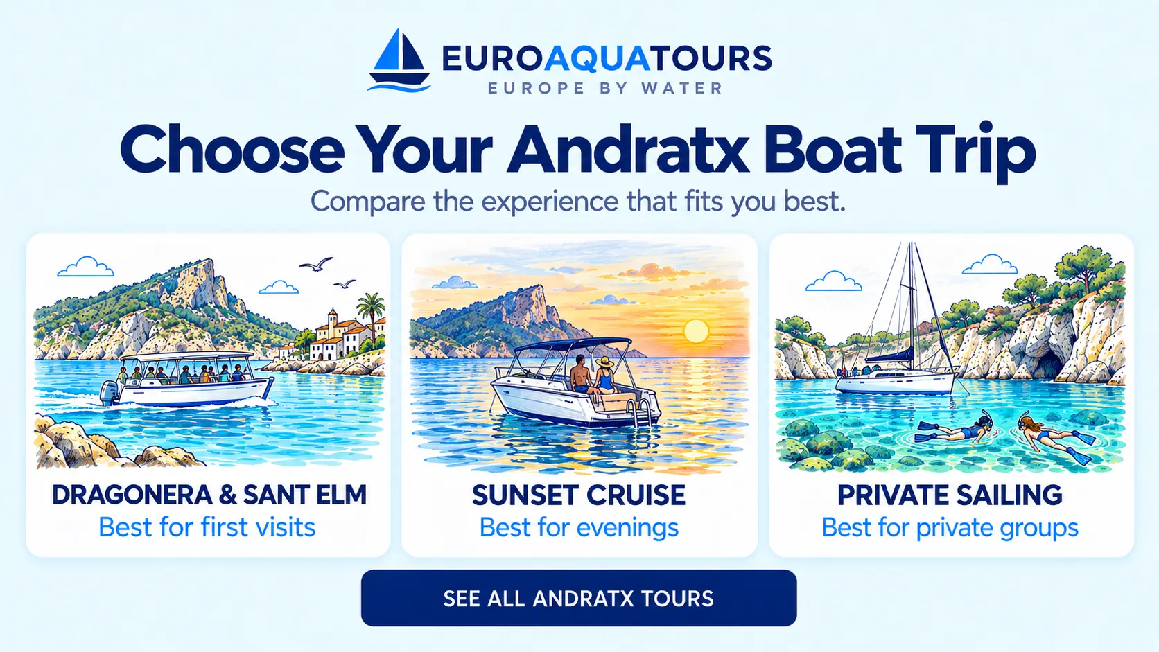 Andratx boat tour options including Dragonera and Sant Elm trips, sunset cruises and private sailing