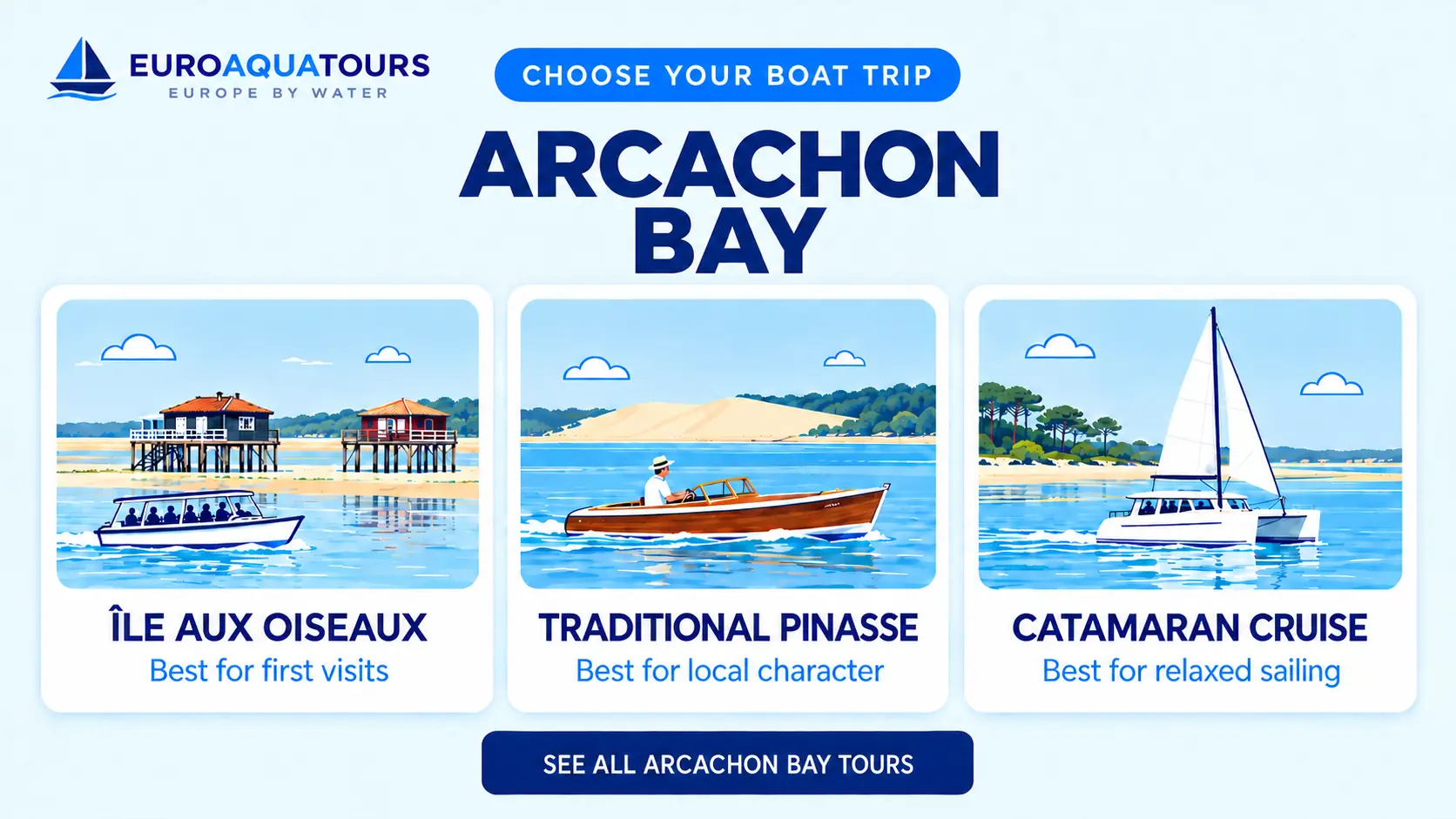 Arcachon Bay boat tour options including Île aux Oiseaux, traditional pinasse and catamaran trips