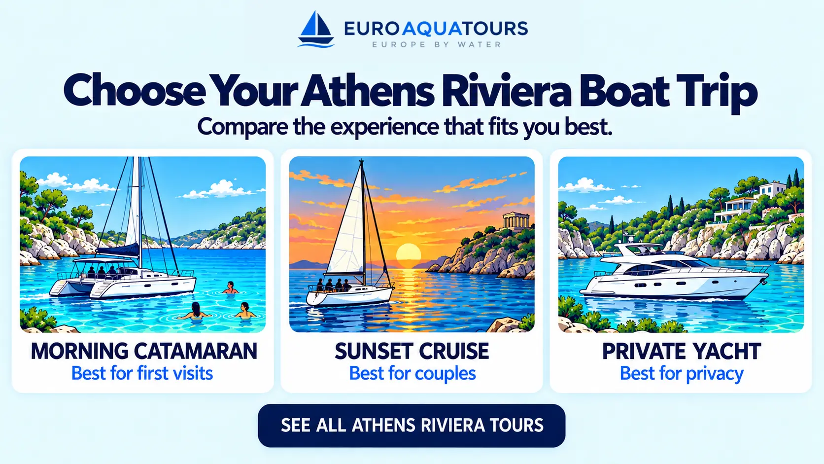 Athens Riviera boat tour options including morning catamarans, sunset cruises and private yachts