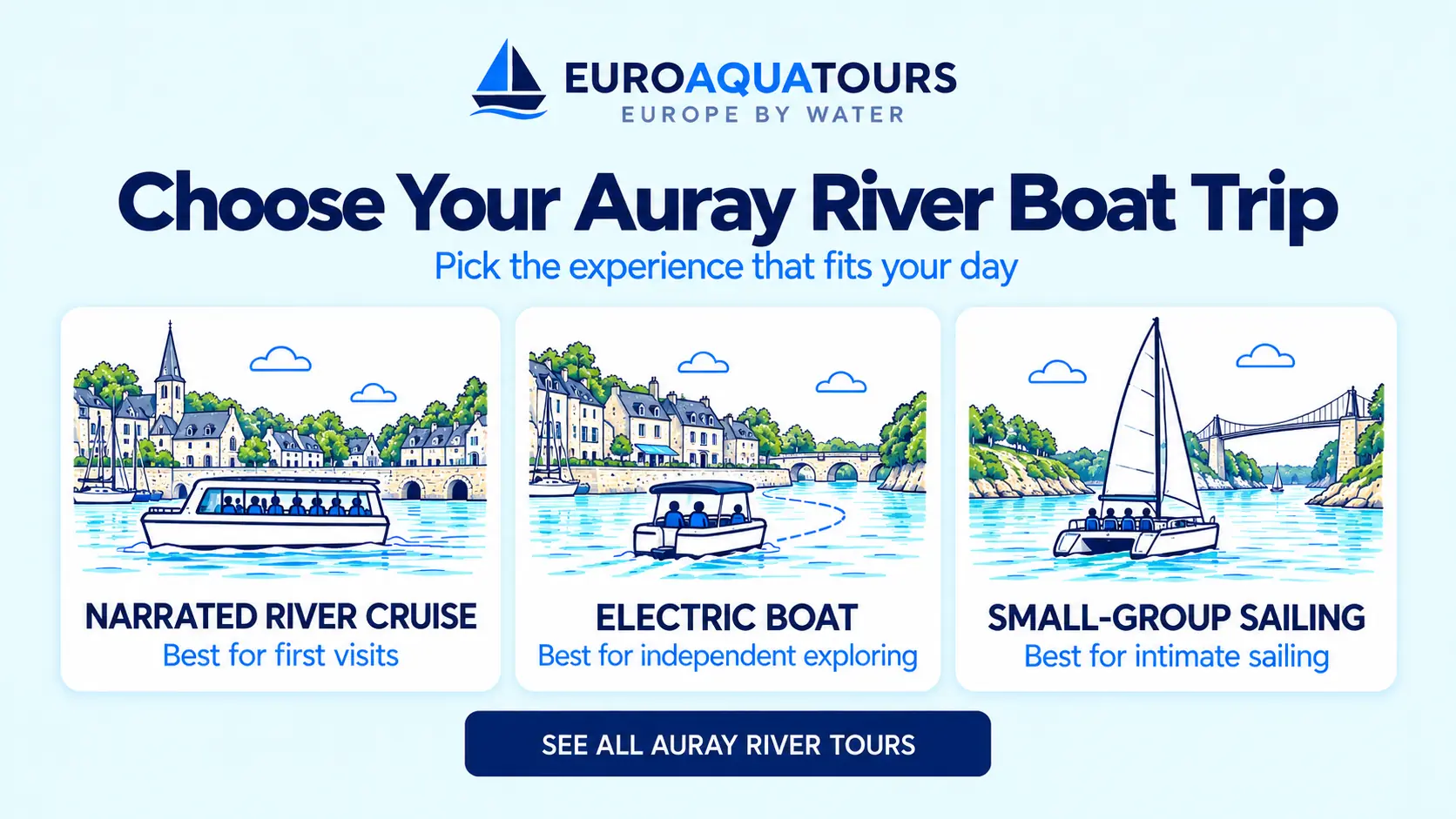 Choose your Auray River boat trip with narrated cruise, electric boat and small-group sailing options