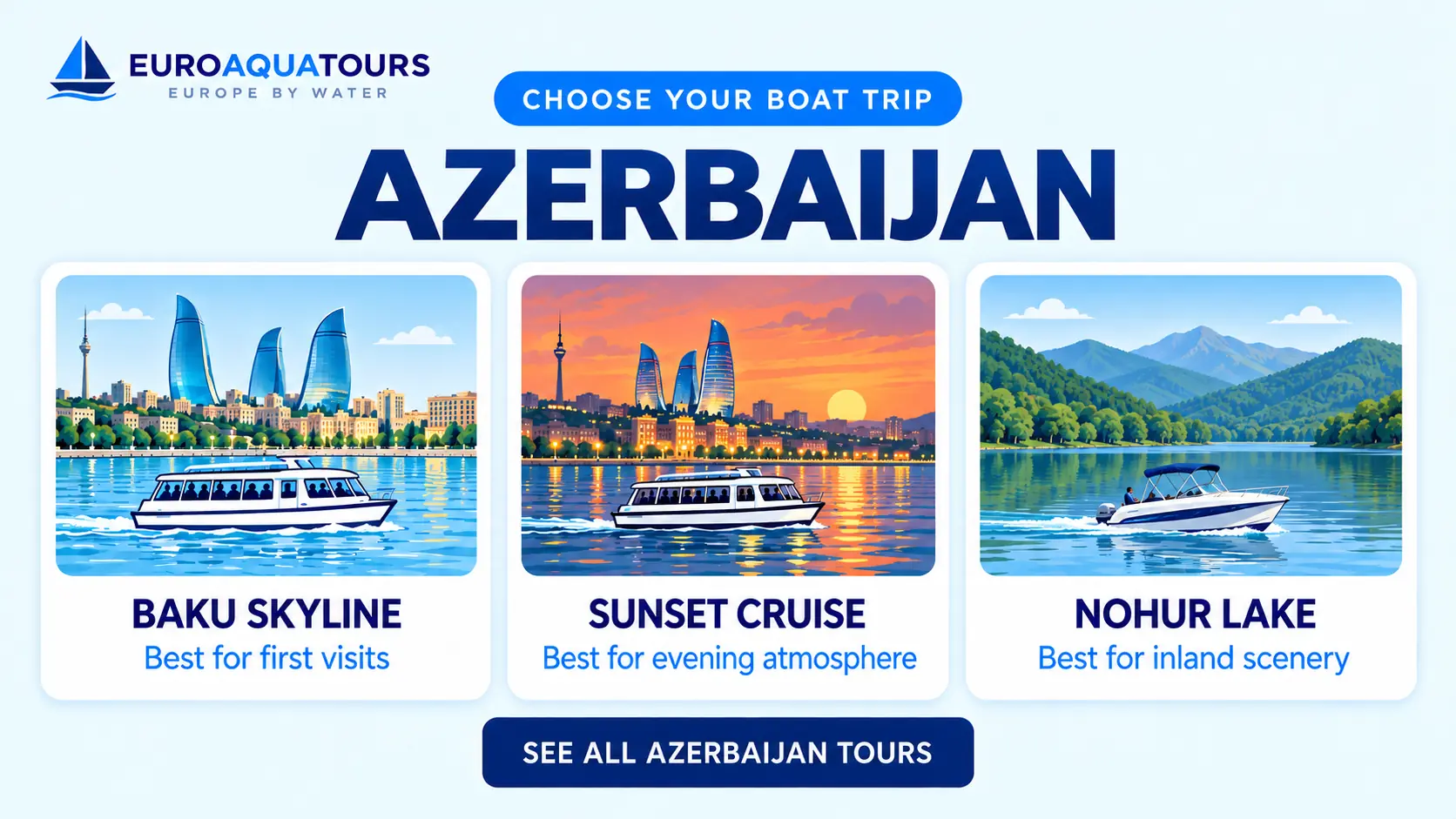 Azerbaijan boat tour options including Baku skyline cruises, sunset trips and Nohur Lake