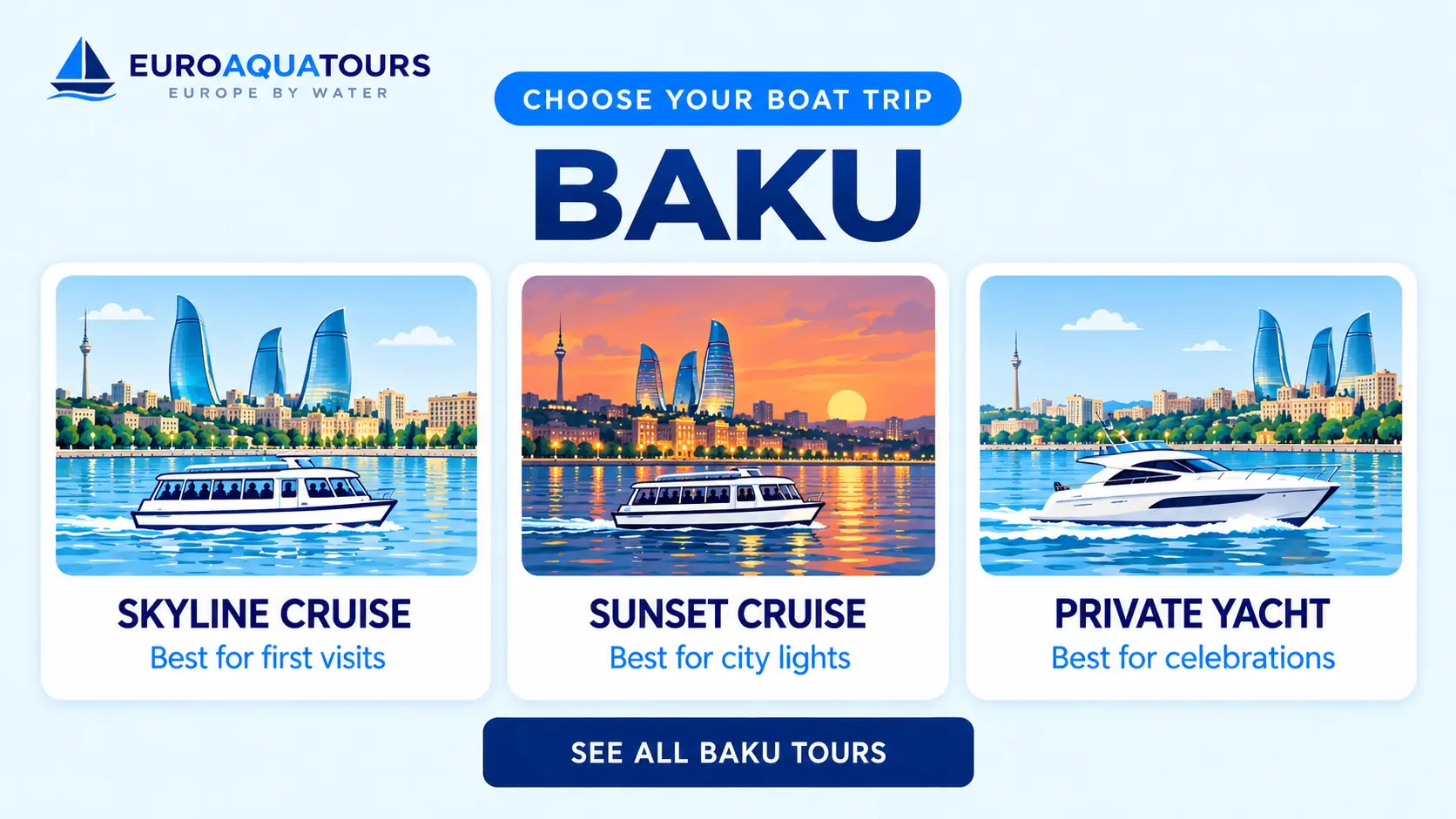 Baku boat tour options including skyline cruises, sunset trips and private yachts
