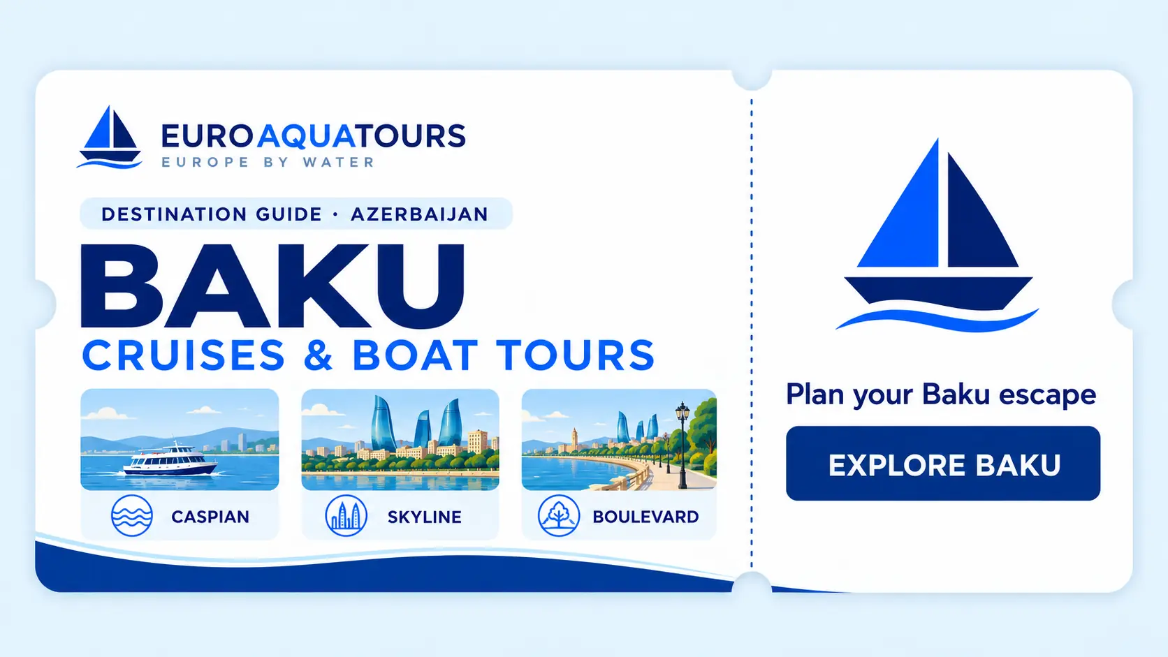 Baku boat tours with Caspian Sea views, city skyline and waterfront boulevard