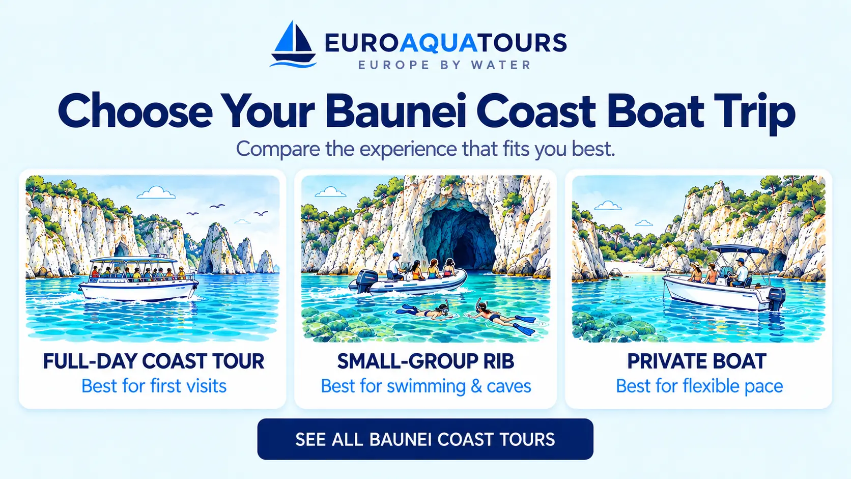 Baunei Coast boat tour options including full-day coastal cruises, small-group RIB trips and private boats