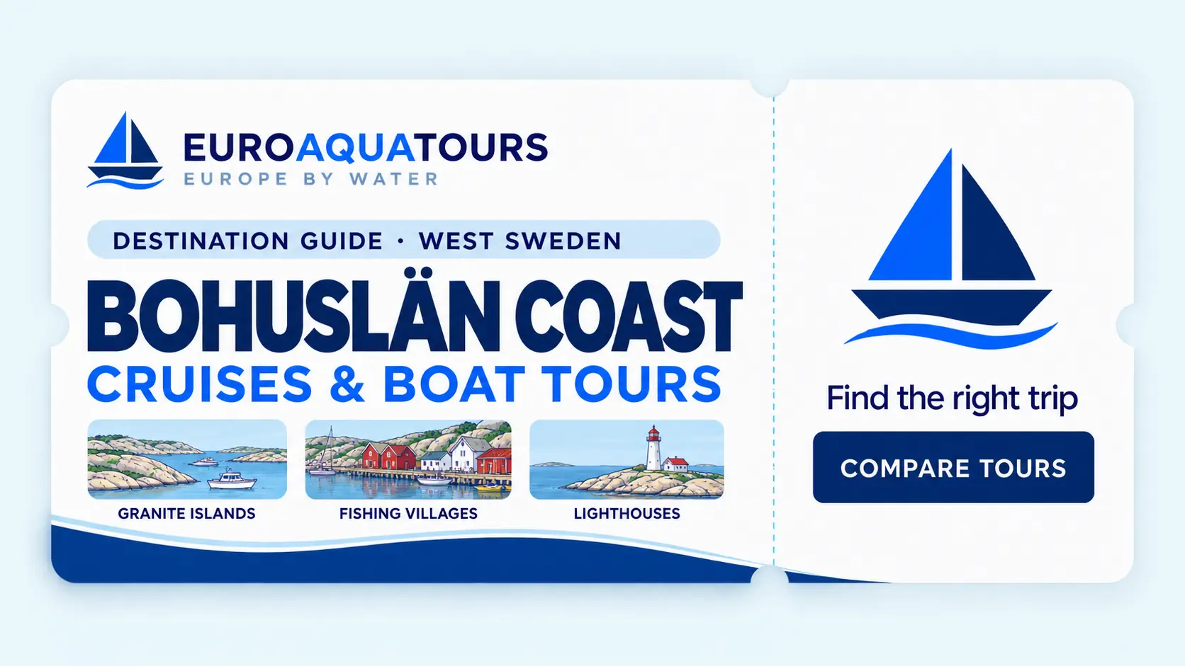 EuroAquaTours Bohuslän Coast destination guide with granite islands, fishing villages and lighthouse illustrations