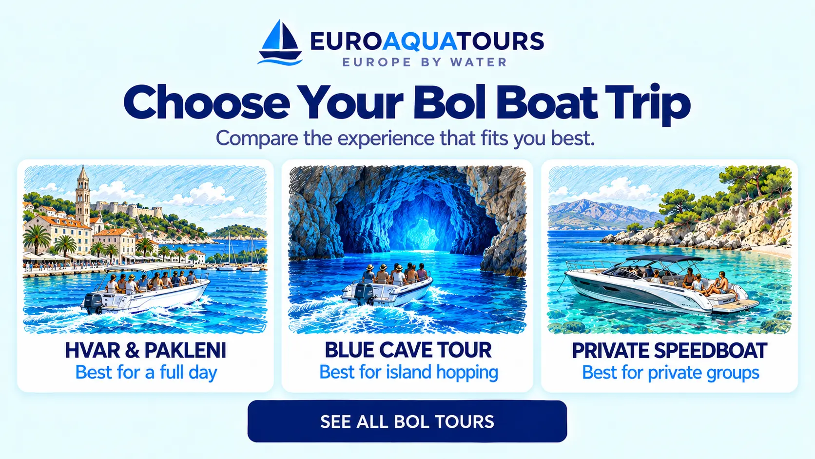 Bol boat tour options including Hvar trips, Blue Cave tours and private cove cruises