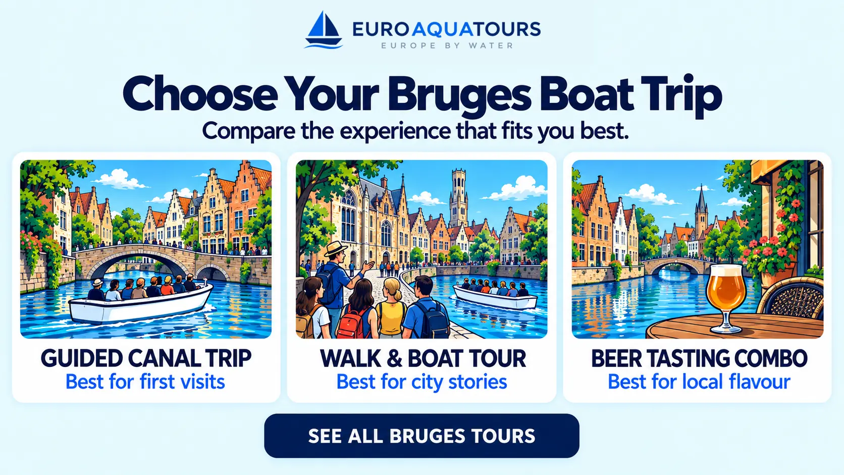 Compare Bruges boat trips including a guided canal cruise, walking and boat tour, and beer tasting combination