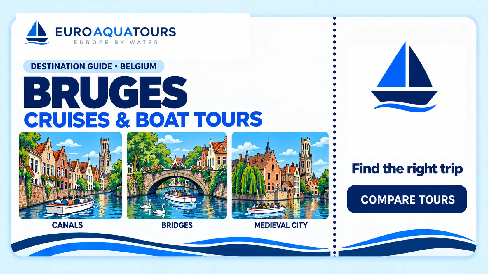 Illustrated Bruges boat tour guide featuring historic canals, stone bridges and medieval waterfronts