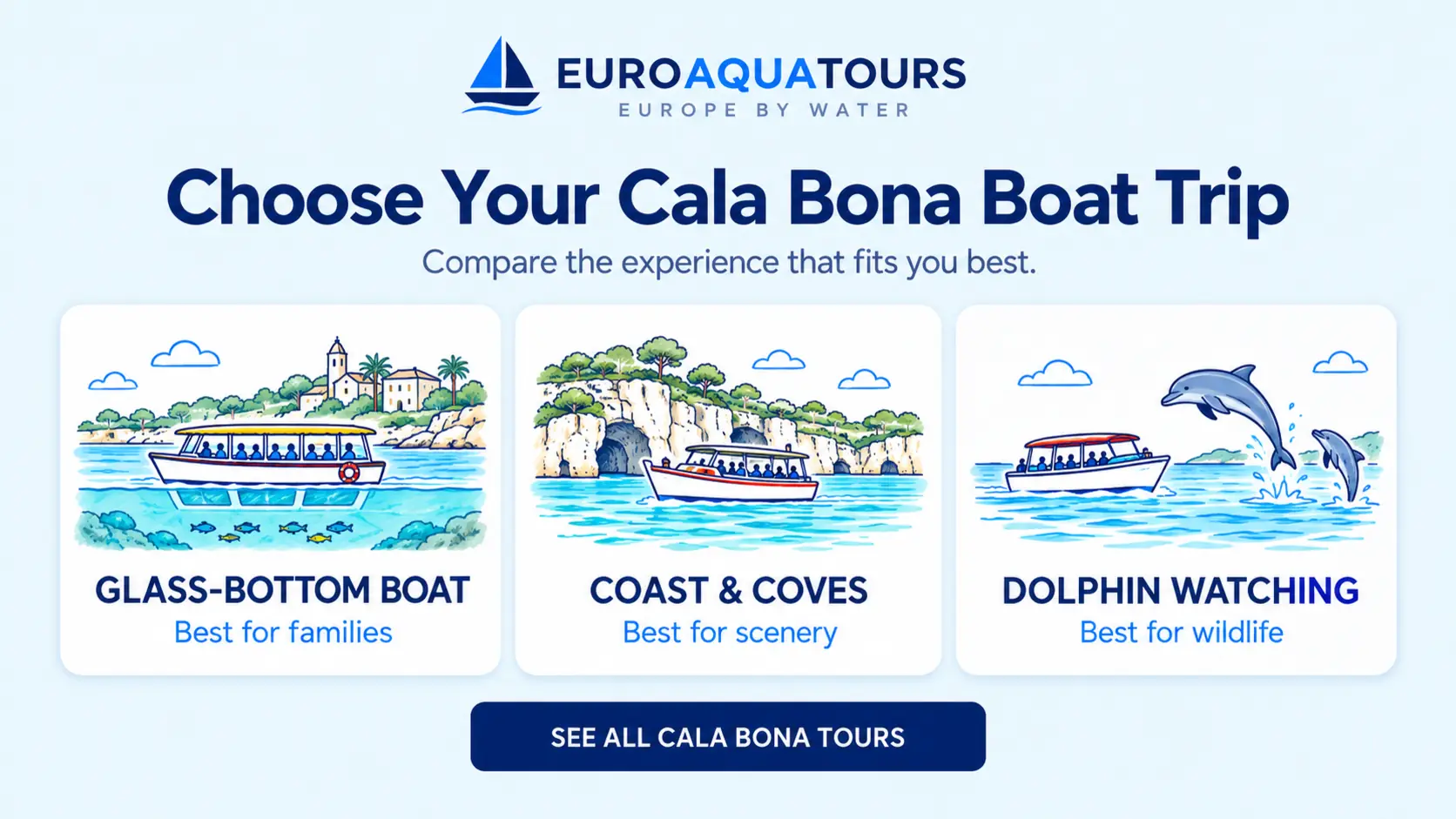 Cala Bona boat tour options including glass-bottom boats, coastal cruises and dolphin-watching trips