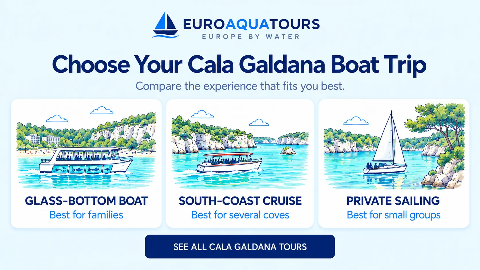 Cala Galdana boat tour options including glass-bottom boats, south-coast cruises and private sailing