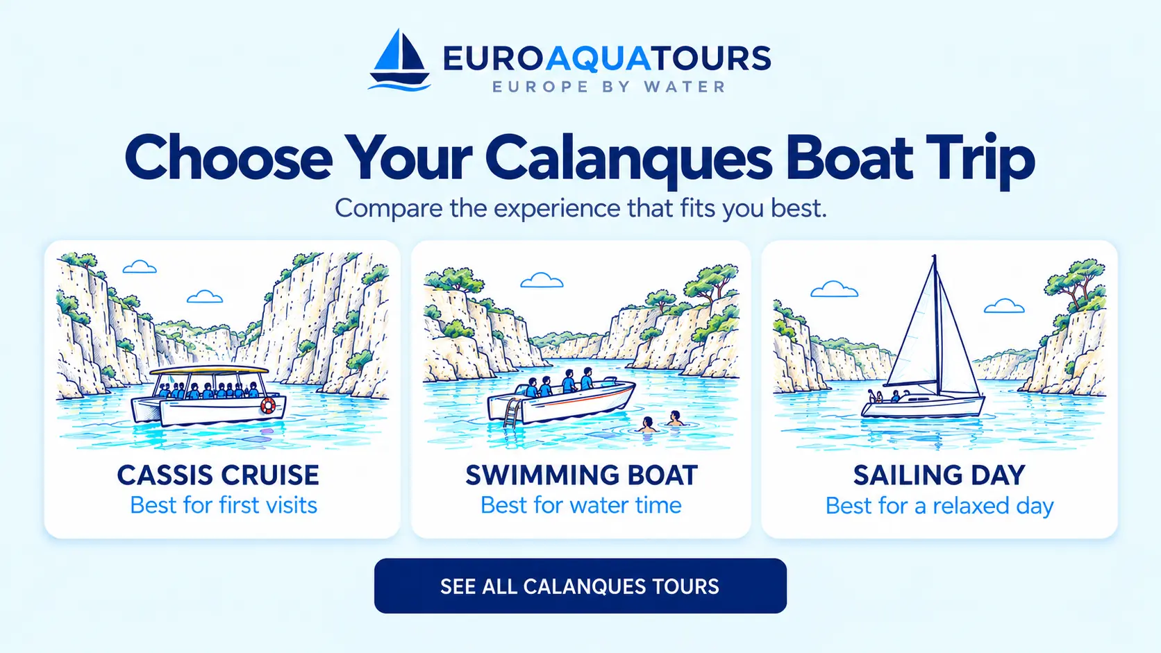 Calanques boat tour options including Cassis sightseeing, swimming trips and sailing days