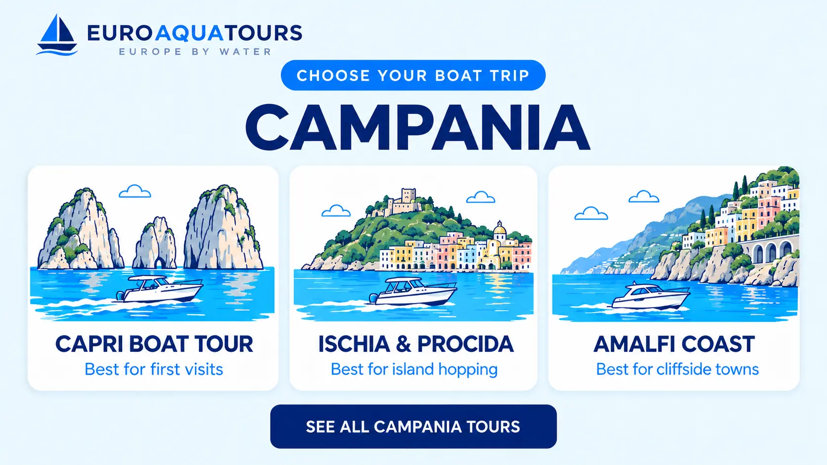 Campania boat tour options including Capri, Ischia and Procida, and Amalfi Coast trips