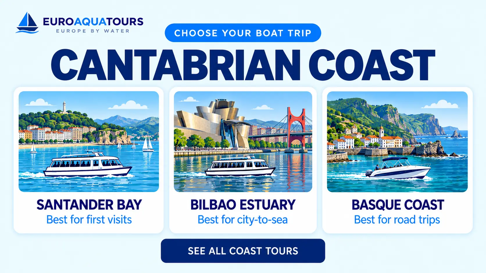 Cantabrian Coast boat tour options including Santander Bay, Bilbao Estuary and Basque Coast trips