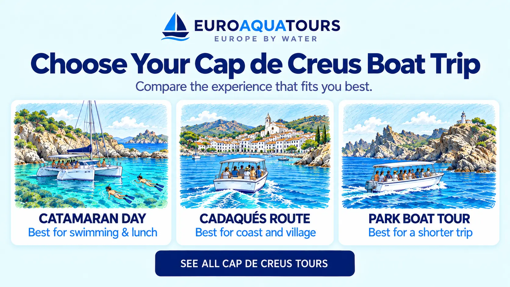 Cap de Creus boat tour options including catamaran days, Cadaqués routes and natural park cruises