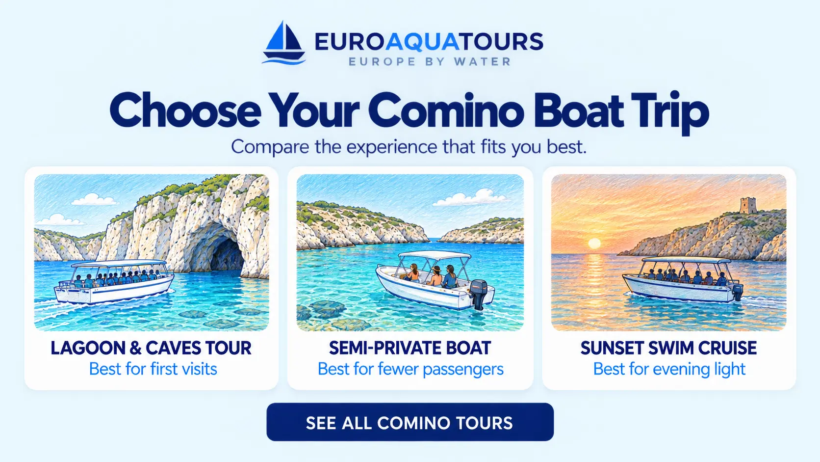 Comino boat tour options including lagoon and cave trips, semi-private boats and sunset swim cruises