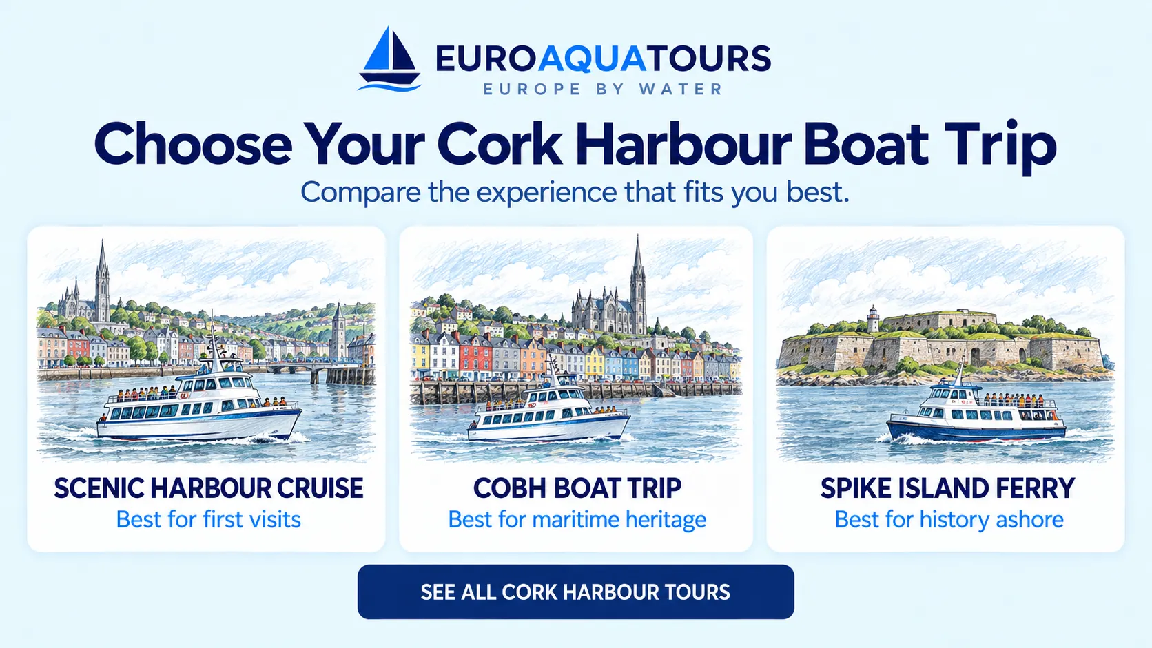 Cork Harbour boat tour options including scenic harbour cruises, Cobh trips and Spike Island ferries