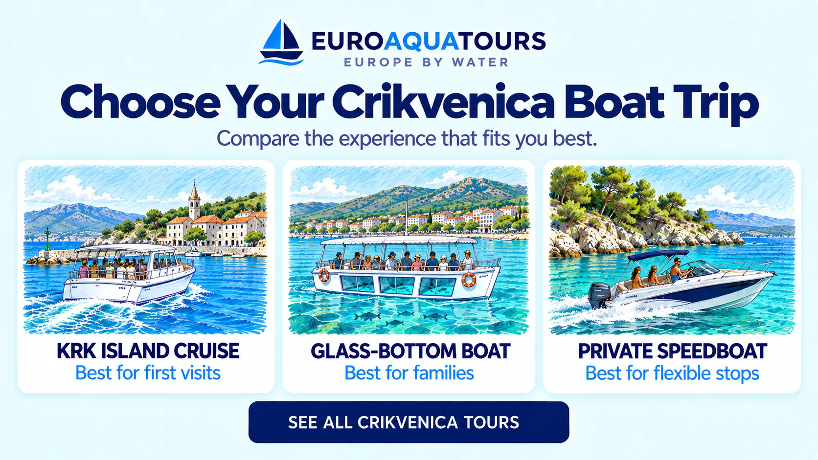 Crikvenica boat tour options including Krk cruises, glass-bottom boats and private speedboats