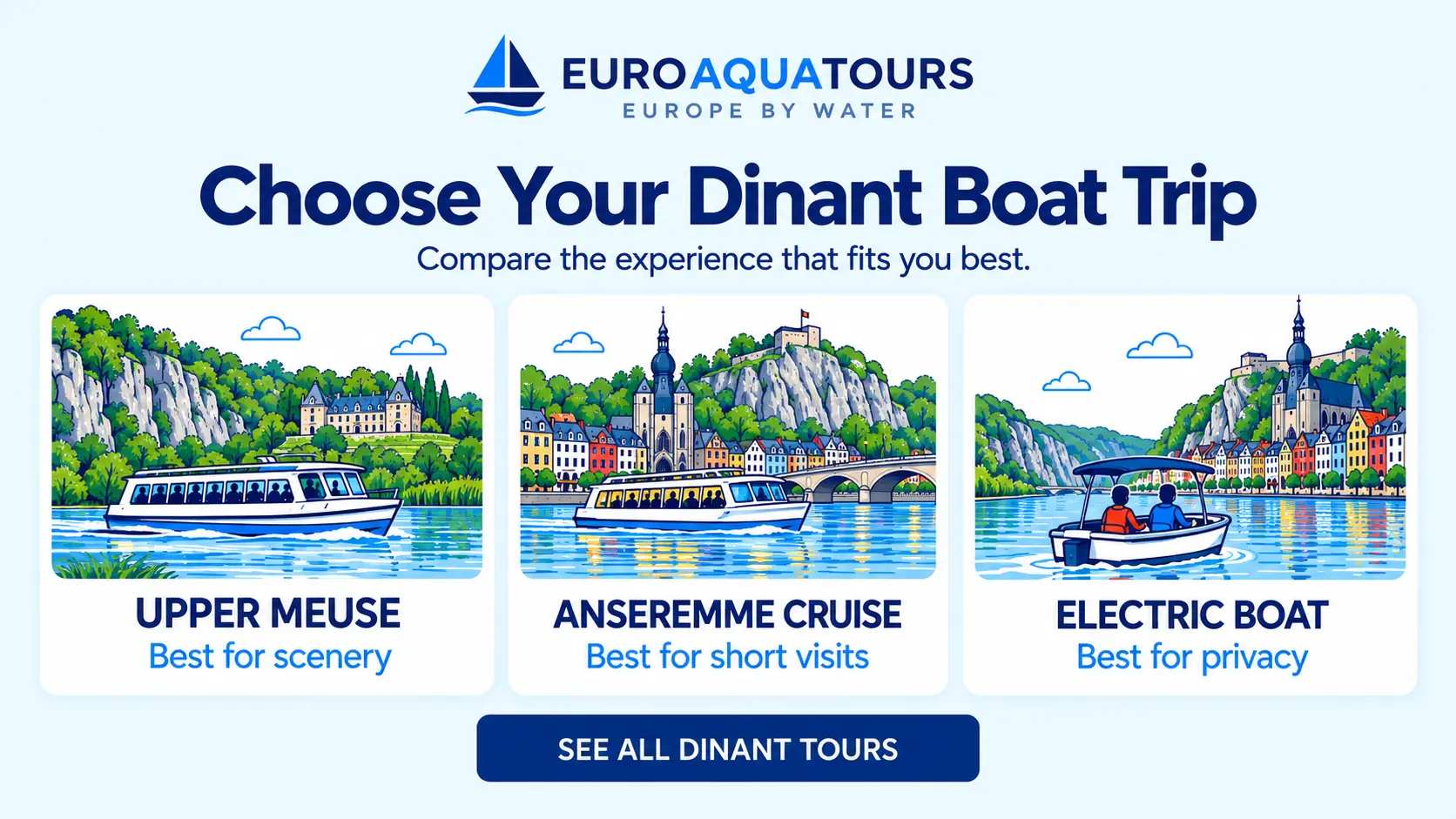 Choose a Dinant boat trip with Upper Meuse, Anseremme cruise and electric boat options