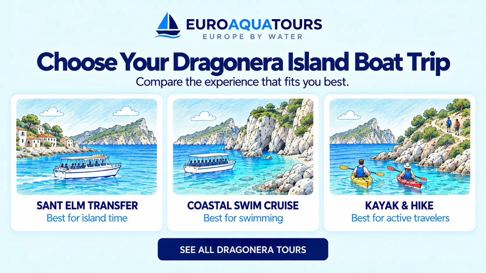 Dragonera Island boat tour options including Sant Elm transfers, coastal swim cruises and kayak and hike trips