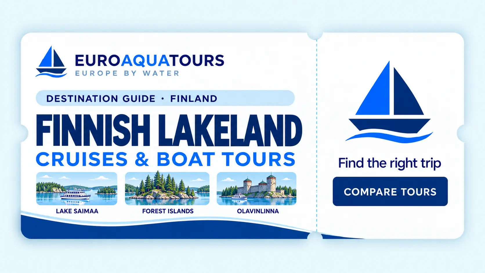 EuroAquaTours Finnish Lakeland destination guide with Lake Saimaa, forest islands and Olavinlinna illustrations