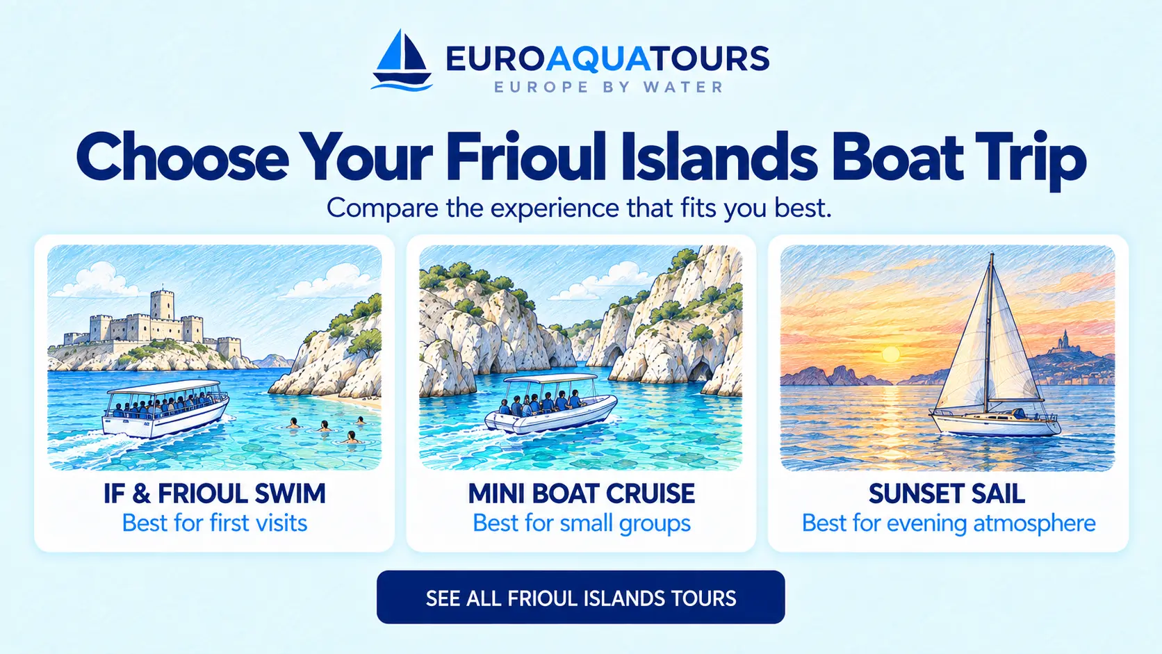 Frioul Islands boat tour options including Château d'If and Frioul swims, mini cruises and sunset sailing