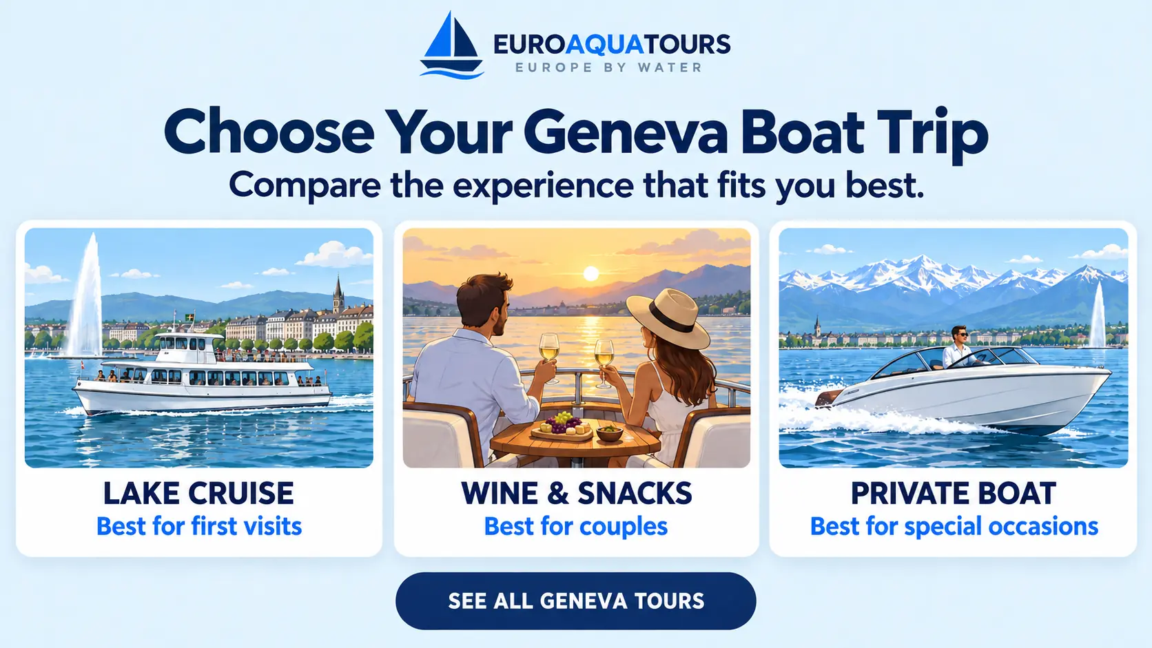 Geneva boat tour options including lake cruises, wine and snacks trips and private boats