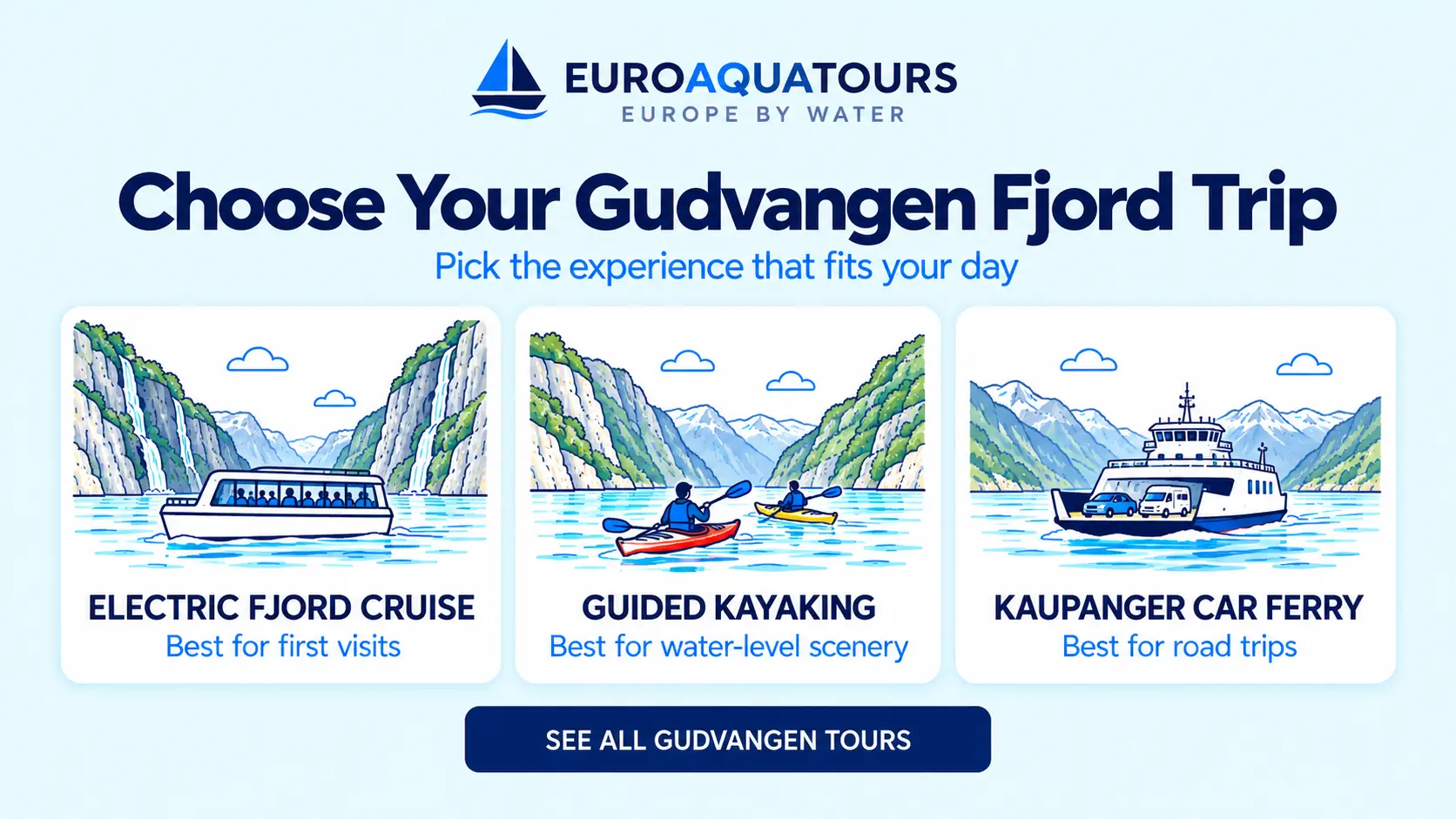 Choose your Gudvangen fjord trip with electric cruise, guided kayaking and Kaupanger car ferry options