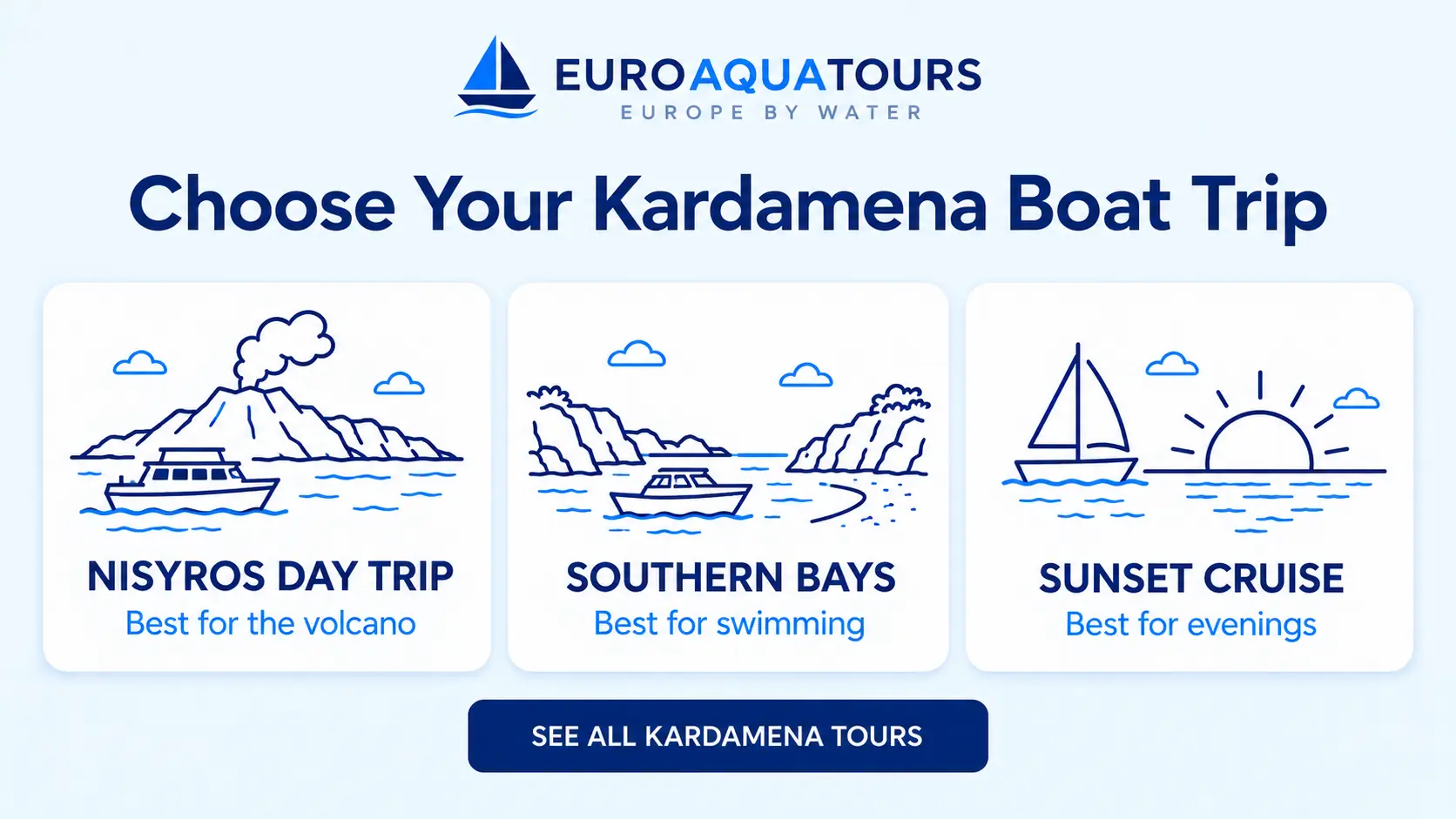 Compare Kardamena boat trips with Nisyros day trip, southern bays and sunset cruise options