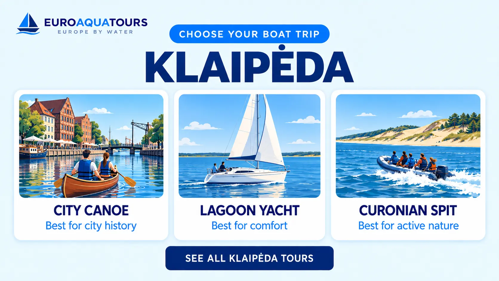 Klaipėda water trip options including city canoe tours, lagoon yachts and Curonian Spit trips