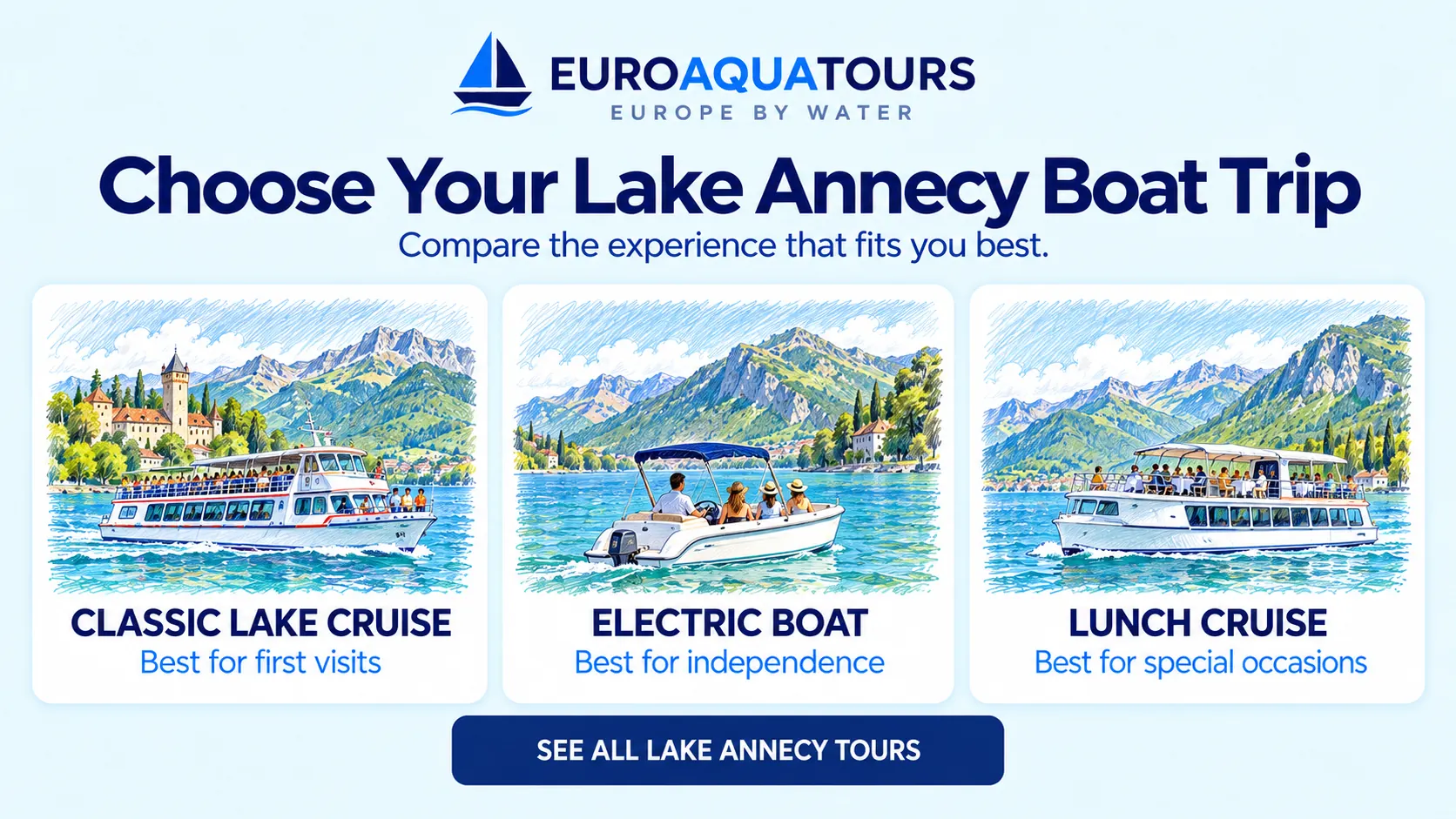 Lake Annecy boat tour options including classic lake cruises, electric boats and lunch cruises