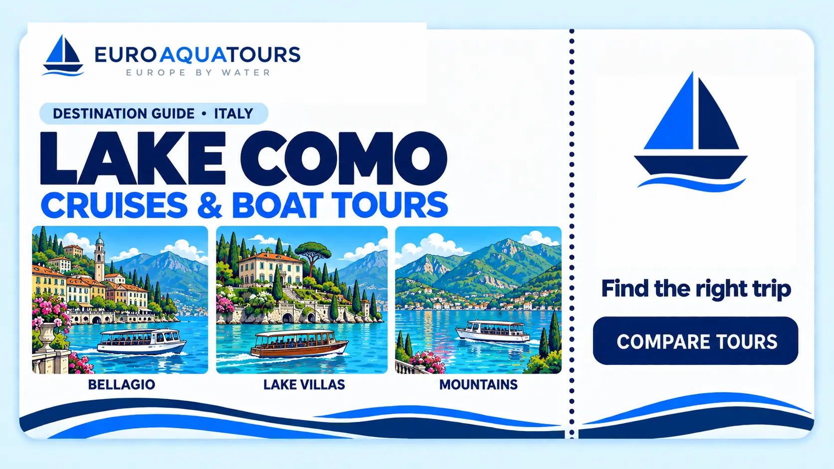 Illustrated Lake Como boat tour guide featuring Bellagio, lakeside villas and mountain scenery