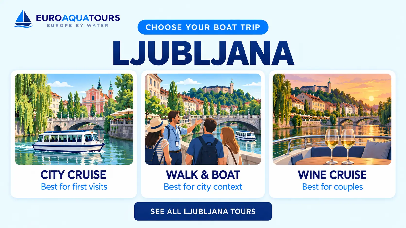 Ljubljana boat tour options including city cruises, walking combinations and wine cruises