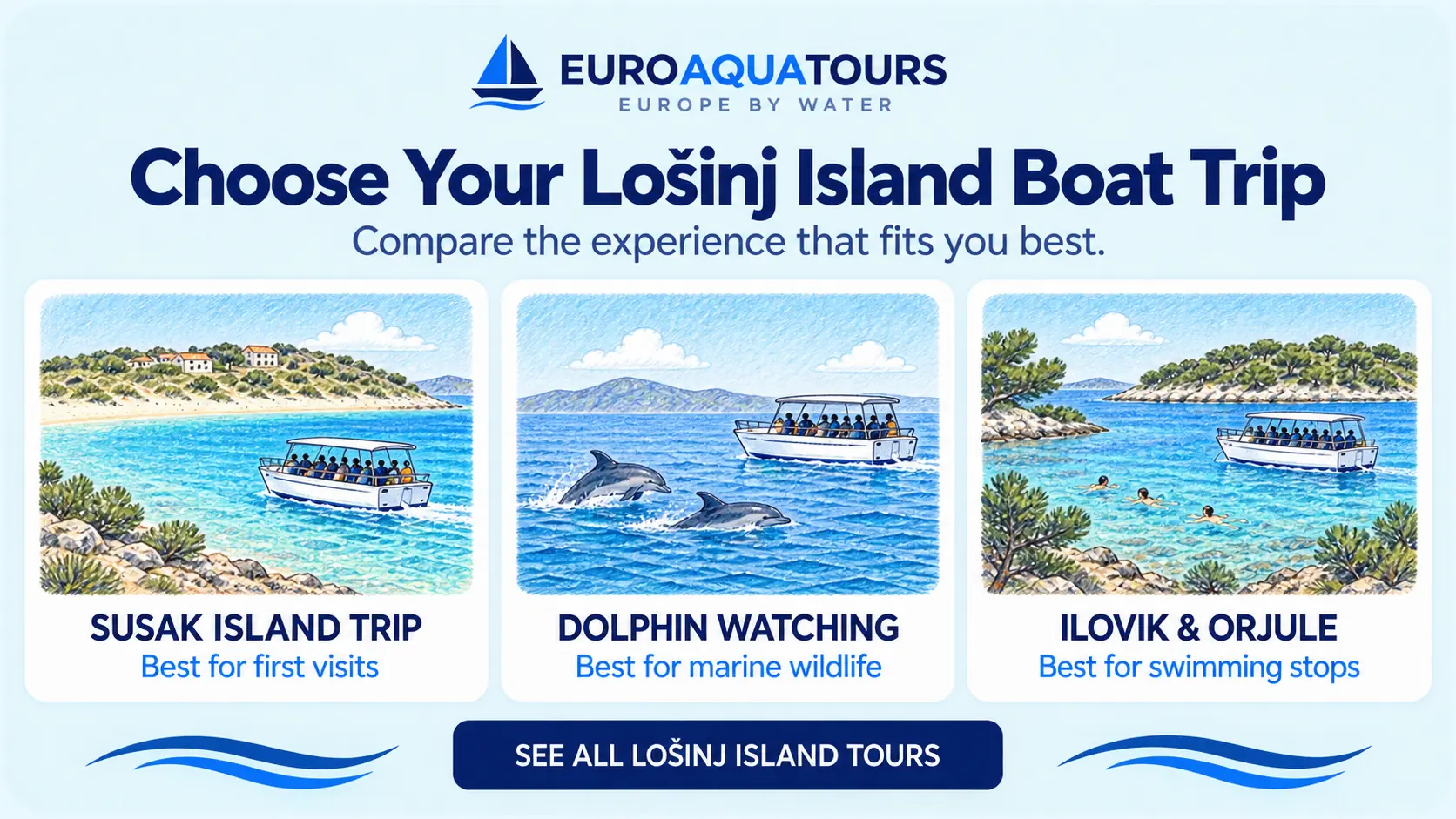 Lošinj Island boat tour options including Susak Island trips, dolphin watching and Ilovik and Orjule routes