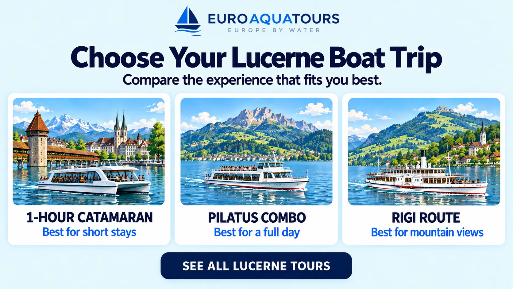 Lucerne boat tour options including one-hour catamaran cruises, Pilatus combinations and Rigi routes