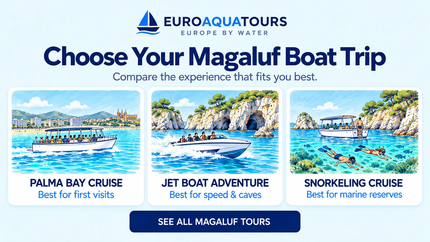 Magaluf boat tour options including Palma Bay cruises, jet boat adventures and snorkeling trips