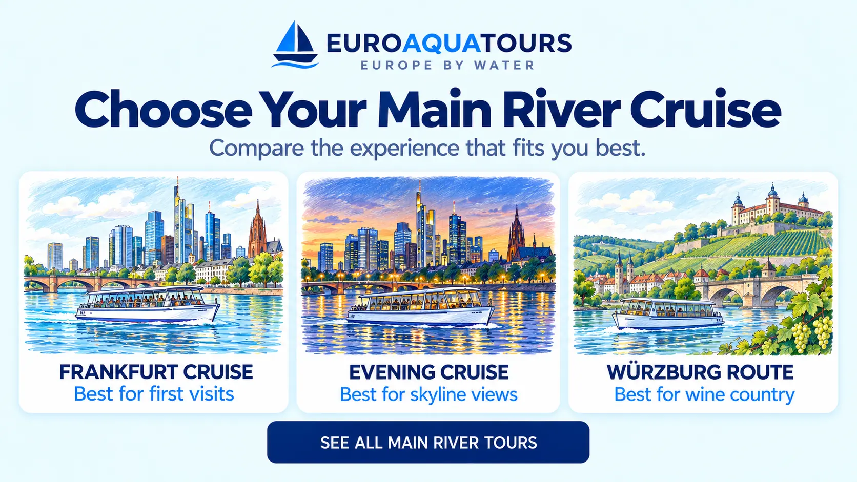 Main River cruise options including Frankfurt sightseeing, evening skyline cruises and Würzburg routes