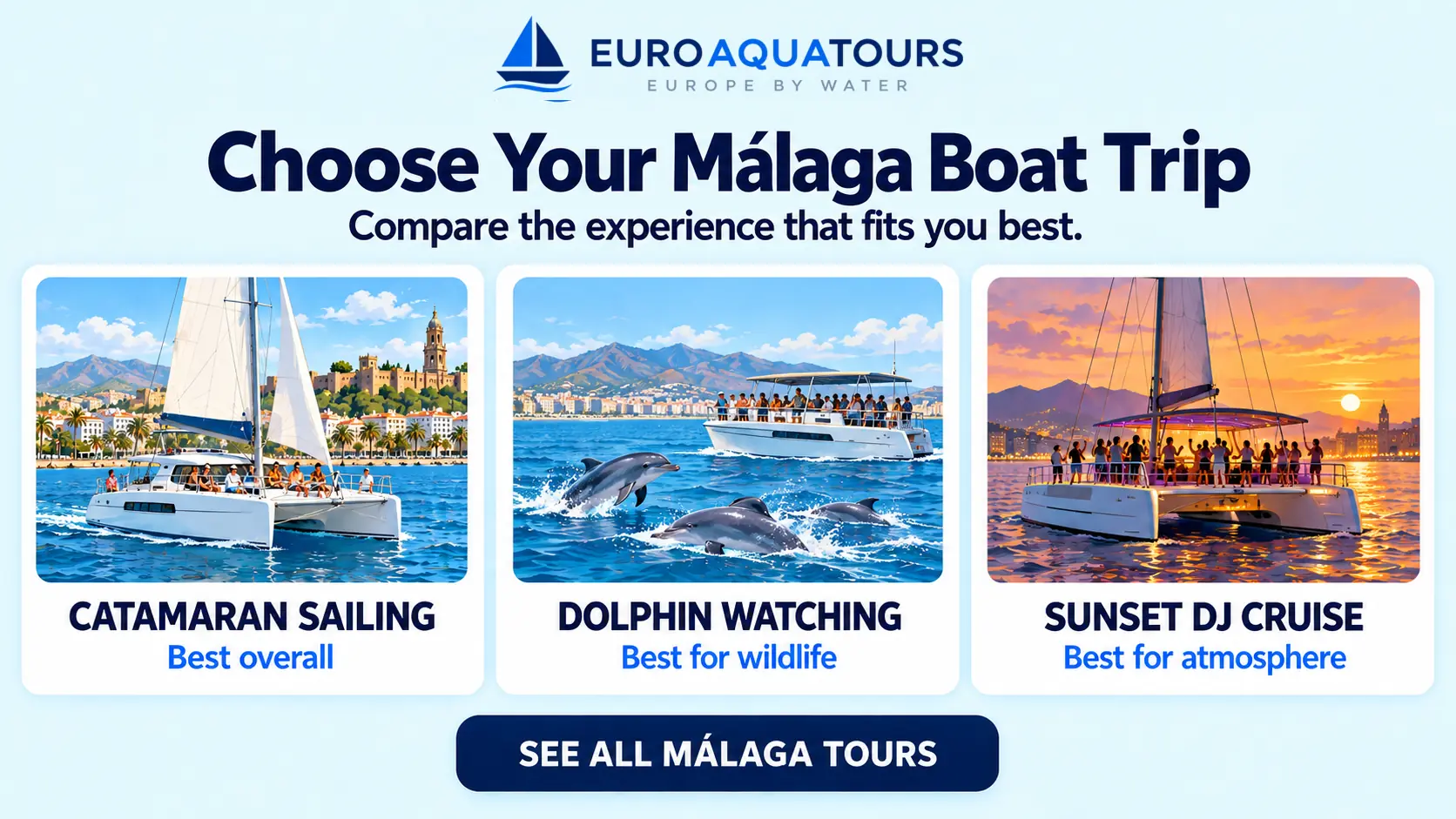 Málaga boat tour options including catamaran sailing, dolphin watching and sunset DJ cruises