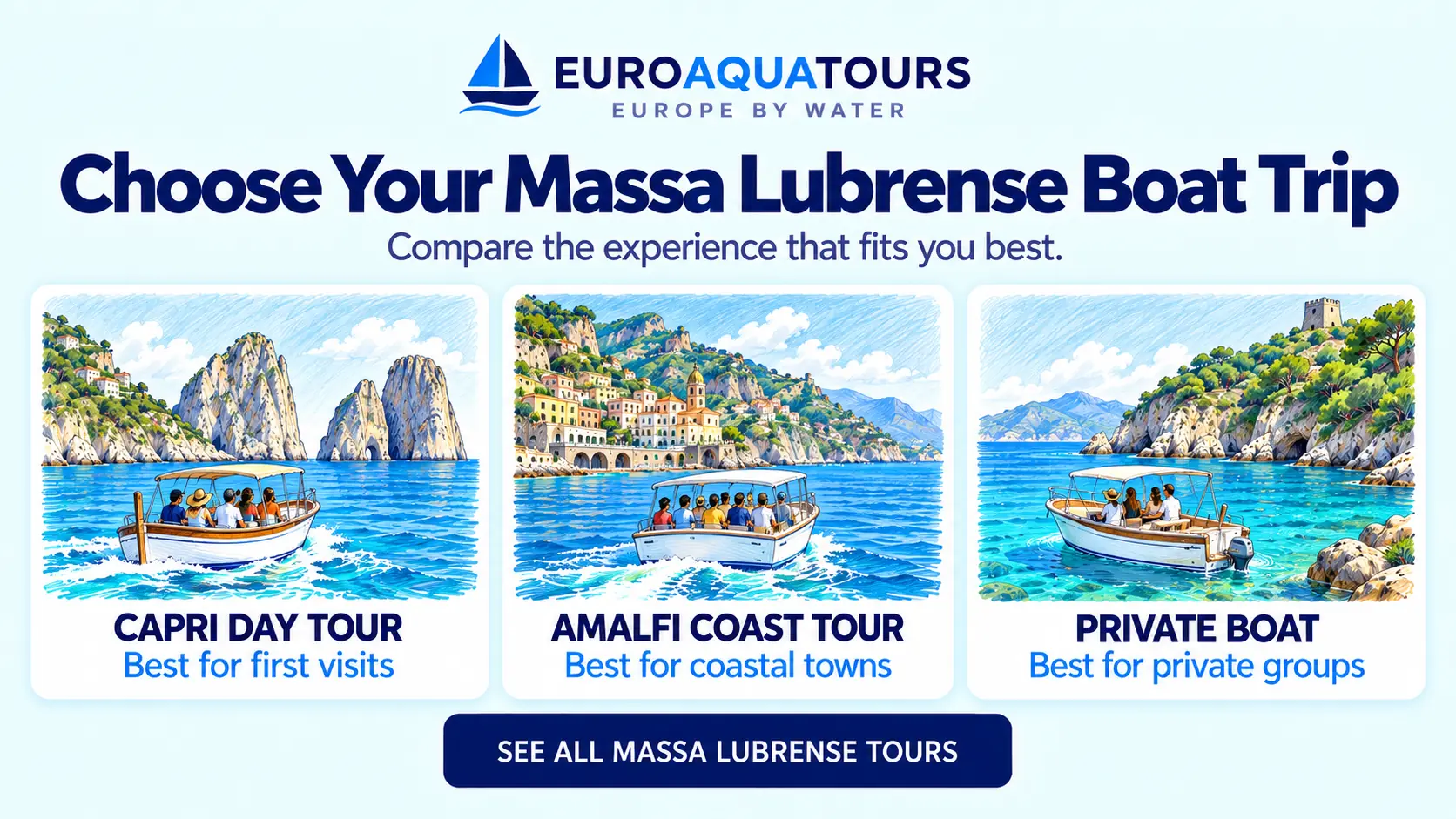 Massa Lubrense boat tour options including Capri day trips, Amalfi Coast tours and private boats