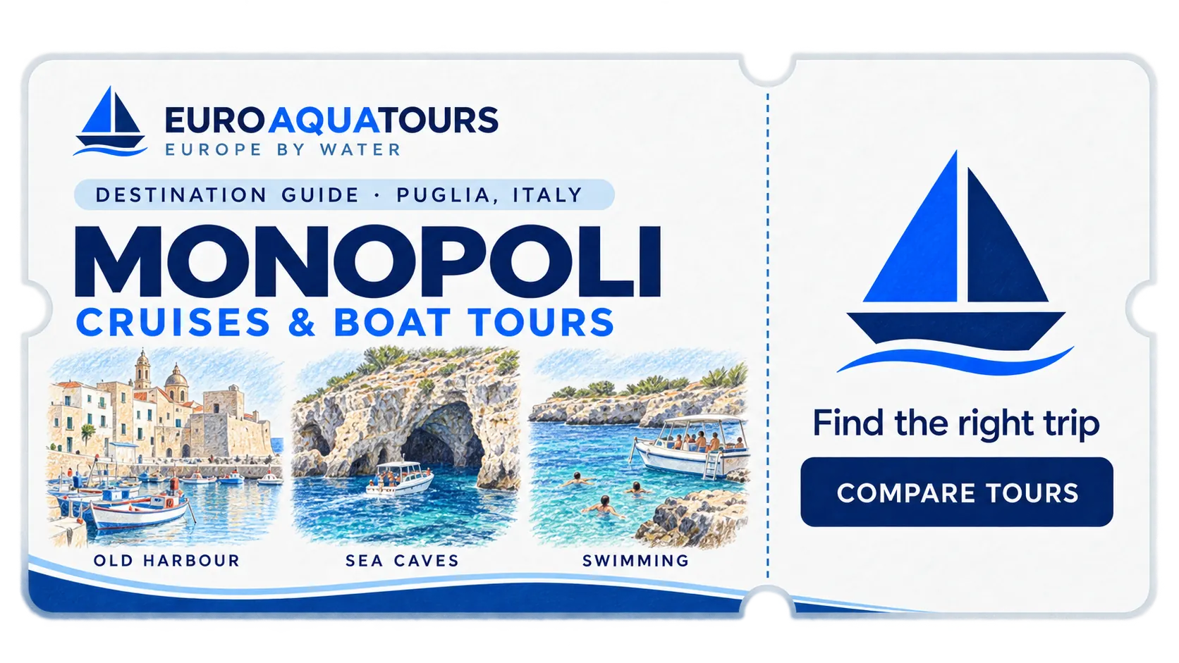 Monopoli boat tours with the old harbour, limestone sea caves and swimming stops