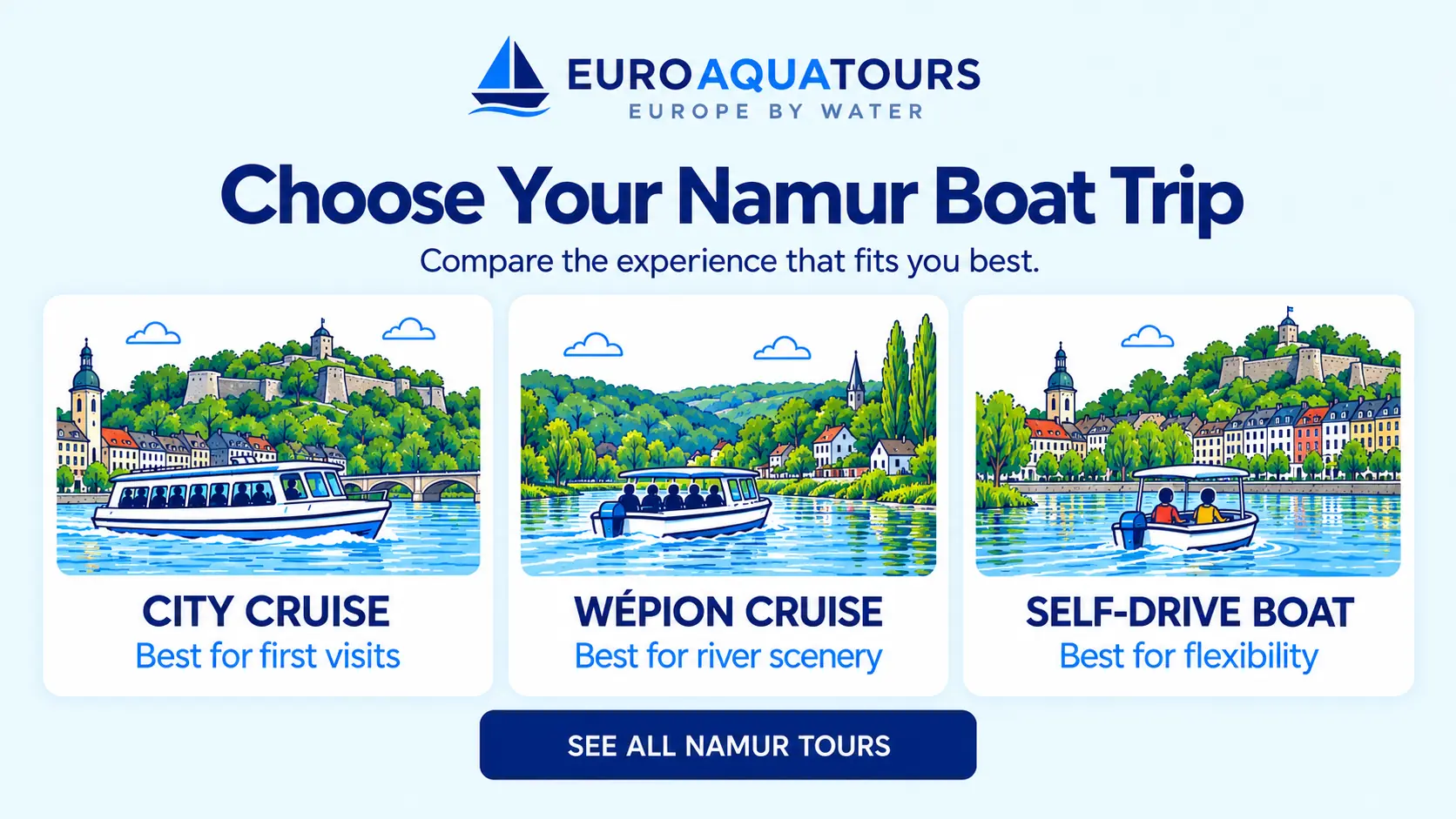 Choose a Namur boat trip with city cruise, Wépion cruise and self-drive boat options