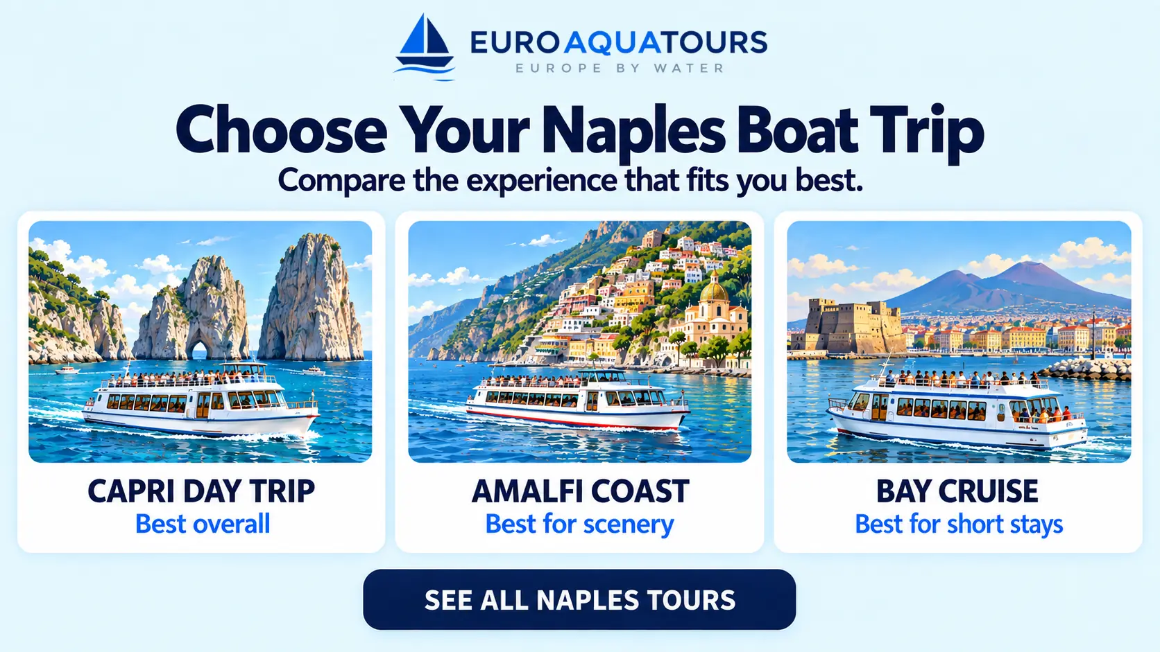 Naples boat tour options including Capri day trips, Amalfi Coast tours and Bay of Naples cruises