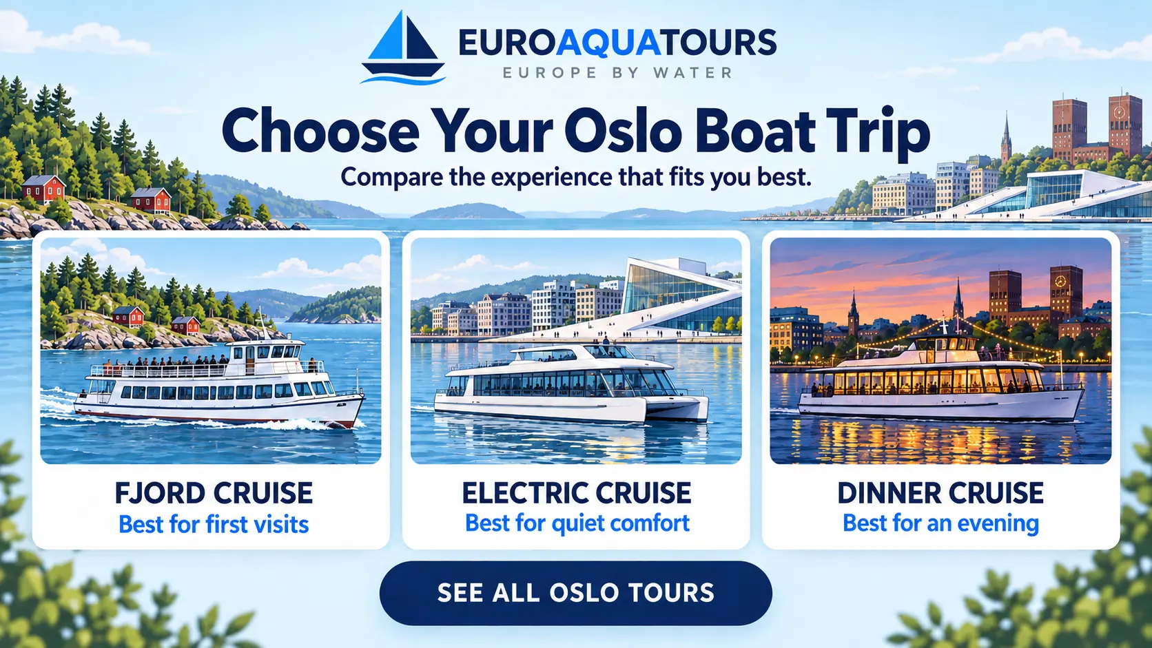 Oslo boat tour options including fjord cruises, electric cruises and dinner cruises