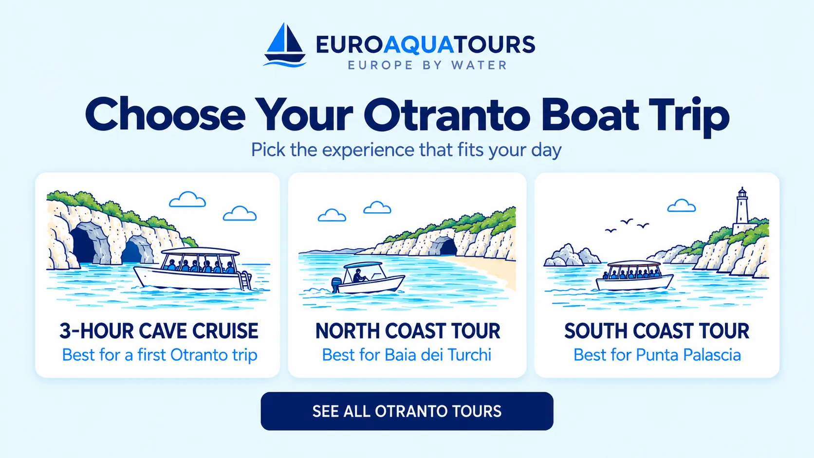 Otranto boat tour options including cave trips, north-coast routes and south-coast cruises