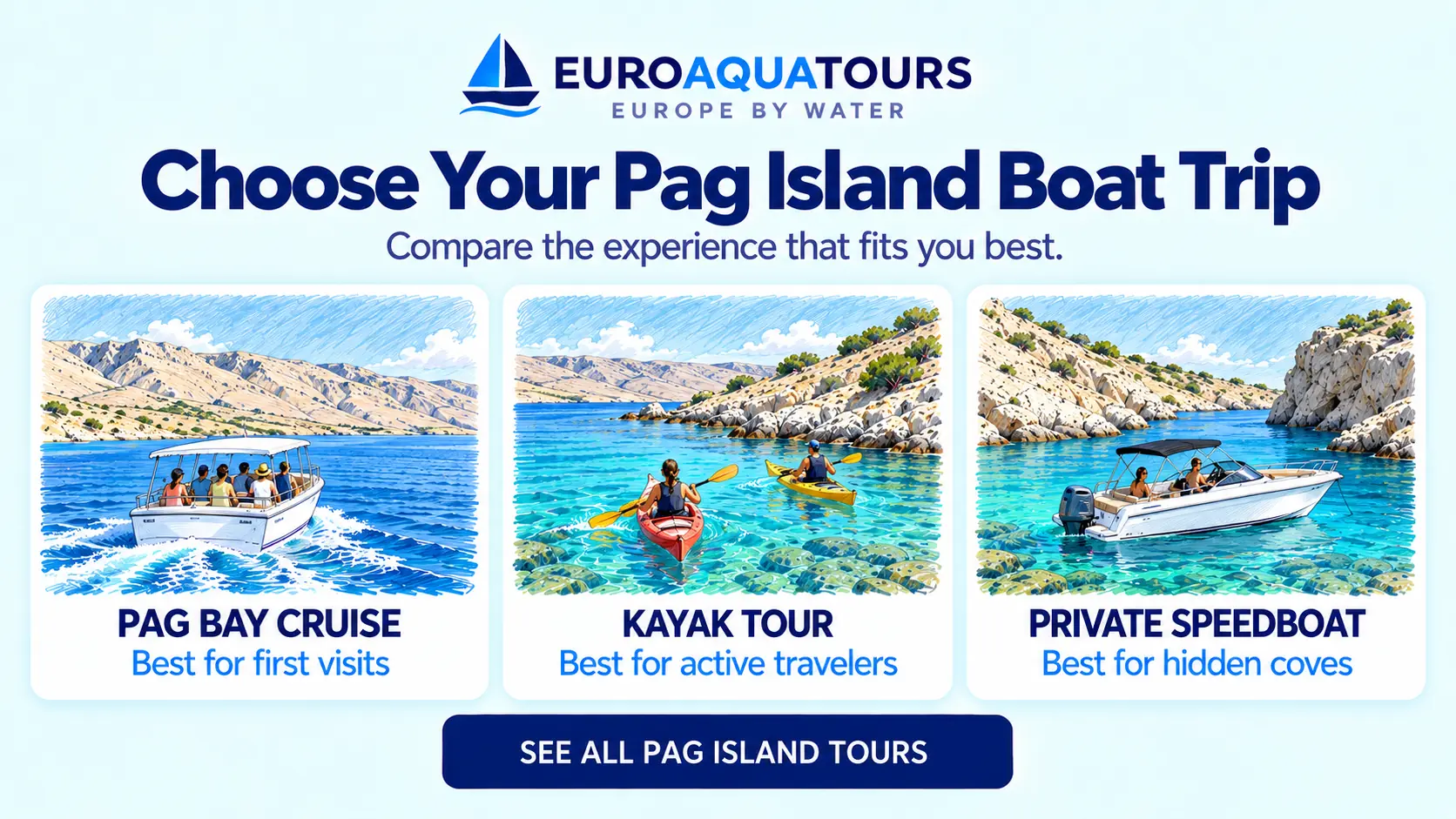 Pag Island boat tour options including bay cruises, kayak tours and private speedboats