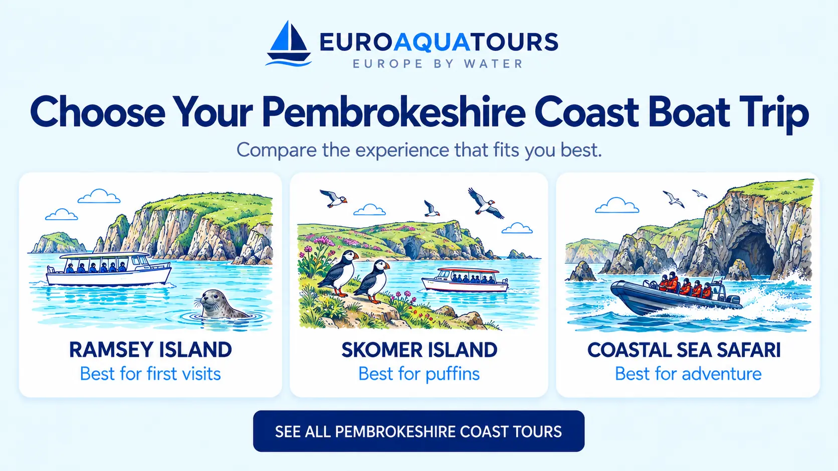 Pembrokeshire Coast boat tour options including Ramsey Island, Skomer Island and coastal sea safaris